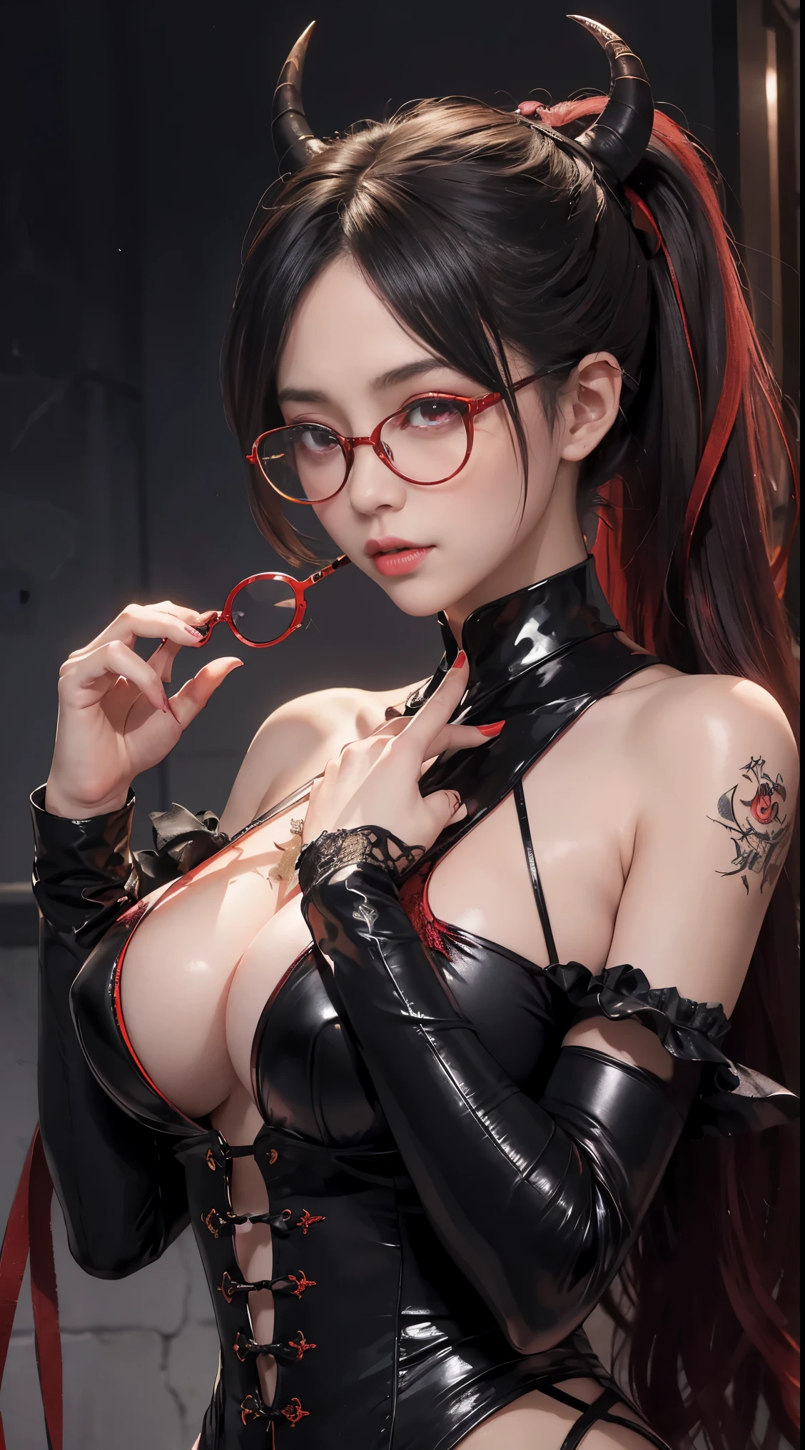 Are you okayですか、(best illustration)、8k UHD resolution、intricate details、highest quality、realistic、Super detailed、best writing、best shadow、soft lighting、ultra hd、Super realistic、Tyndall effect、Photoreal、(high detail skin:1.2)、 (intricate details, compensate, face to face with the children_V1:0.5), (Beautiful and delicate face in every detail, Are you okay, beautiful and delicate eyes, perfectly proportioned face, high resolution skin, fine skin, Optimal ratio of 4 fingers and 1 thumb, arm under chest, red tattoo on lower abdomen、amazing、amazing, wide hips, smooth abdomen, thin and thin skin, __fashion__, __hair__:1.25)、Digital single-lens reflex camera、 absurd、1 Beautiful devil woman from hell, デヴィッド・ホックニーとアルフォンス・ミュシャによる超realistic女性のポートレート, Portrait of a seductive woman、fantasy art, Chinese humanoid robot、chinese actress、dungeon、dragon、devil&#39;palace of、devil&#39;torture chamber、night、dark style 、in the dark、(detailed spooky background:0.8), magic、 1 girl、evil nun、dark necromancer、Succubus、devil&#39;Daughter of、Umi Shinonome、bat wings，(((devil&#39;horn)))、 ((((giant glasses, otaku glasses, thick glasses, round glasses)))),(((big breasts)))、(devil&#39;tail of)、(red eyes shine:1.6)、red eyesには、Very clear and detailed makeup applied, The eyes are very beautifully made up, ((red eyes:1.0)),intricate tattoo, demonic intricate tattoo, thigh tattoo, body tattoo, masterpiece、the most beautiful face、baby face、cute smile、seductive bodyとふっくらとした美しい赤い唇、devil&#39;seductive body、devil style、enchanting black magic costume、(((光沢のある赤い蛇が彼女body ofに巻き付いています)))、The long-haired、Braid、Black hair、Ponytail distortion、, Ponytail with a bow tied at the back of the hair, beautiful expression、body up、big breasts emphasis、bust,  super tight chest, Breast augmentation surgery, Breasts are very big and round,tight waist、wide ass、 discreet key, cowboy lens, (black phoenix dress: 1.0),  devil&#39;Crown of,  red gemstone necklace、Jewelry Gwise,  wearing black mesh socks,wearing light red、nffsw, nffsw, Meeting beautiful girls, look at the girl&#39;body of,