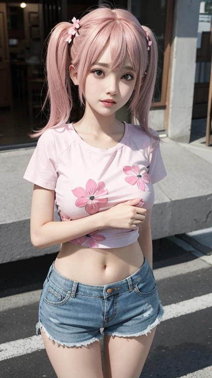 pink thin flower pattern T-shirt , Short pants , big breast , long twin tails hair
