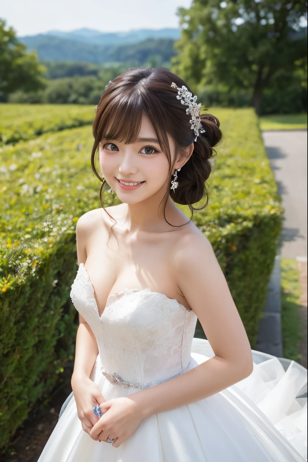 (((high quality,masterpiece,4k,8k))),cute girl,japanese idol ,big eye,blue eye,brown low twin tails,smile,WEDDING DRESS,BOUQUET
