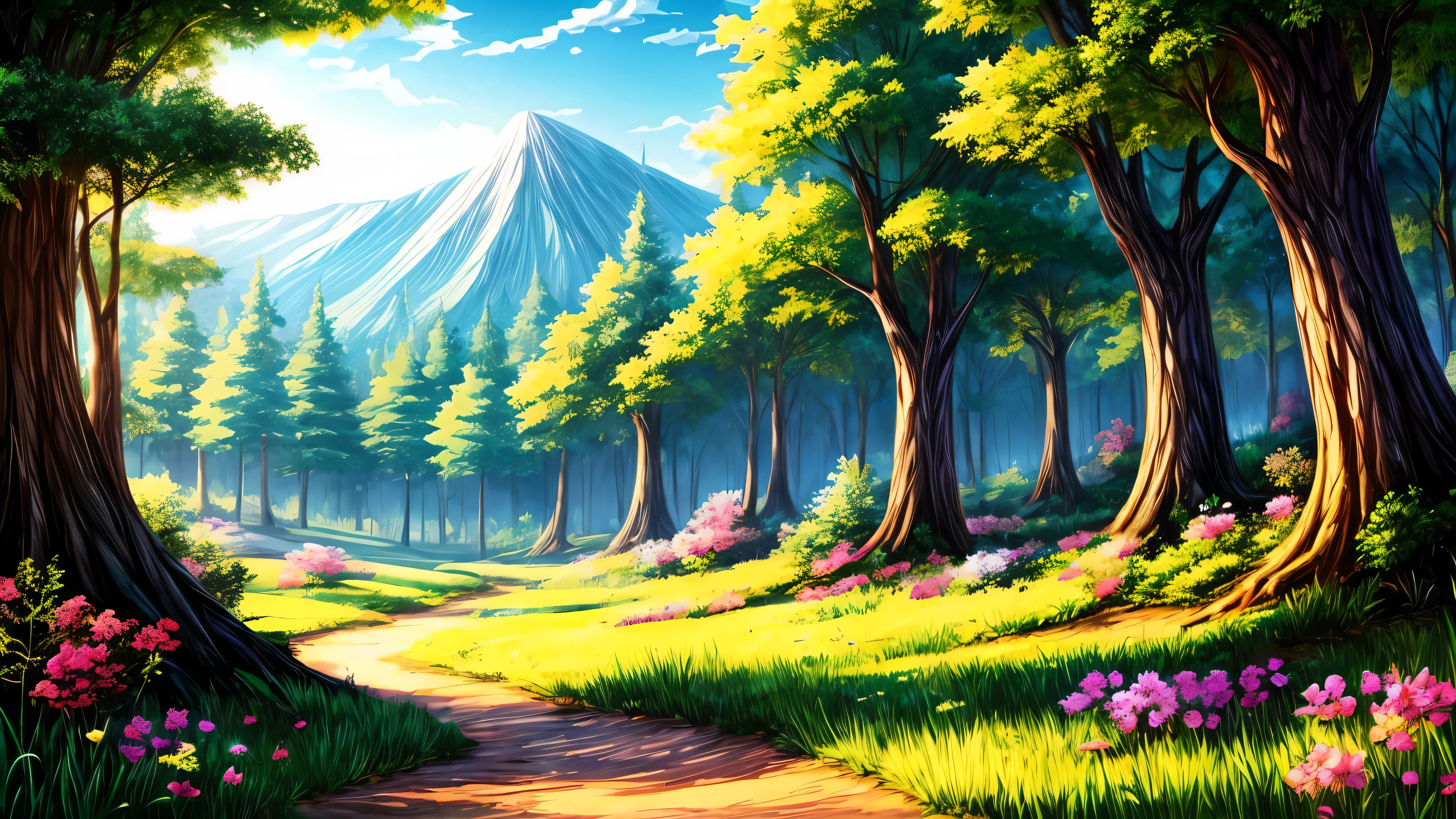 ((bright)), Cartoon beautiful fantasy fairy (forest) with trails and trees on a sunny day, forest plants, beautiful fairy mushrooms, wild beautiful flowers, detailed, arte de fundo, detailed background artwork masterpiece, Mobile game background, game background, 2 D game art background, forest background, scenery art detailed, landscape artwork, Mobile game art, 2d game background, Anime background art, forest clearing landscape, anime countryside landscape, sky forest background, forest outside, elf forest background, forest setting, Detailed game art, 4k