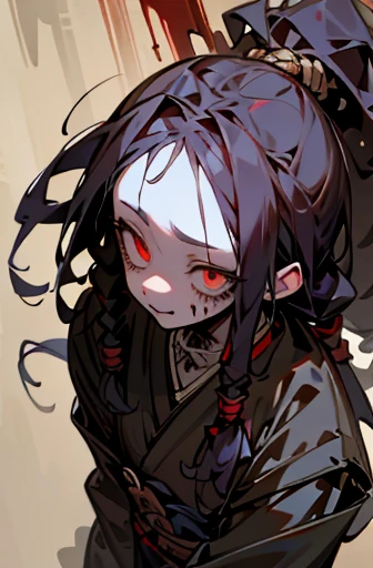 ((Girl with dreadlocks)), scribble, nightmare, doll-like face, cartoon style, rough sketch, , (masterpiece), (High resolution), (super delicate), (clear), Comic book style illustrations,(Horror elements), Japanese painting illustration, full body,(snap shot),crazy illustration, antique, dark atmosphere, flat illustration, creepy appearance, Characteristic hairstyle, creative accessories, Unique atmosphere、

