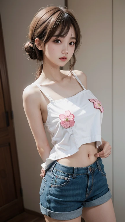 Single strap shirt thin flower pattern , Short pants , big breast