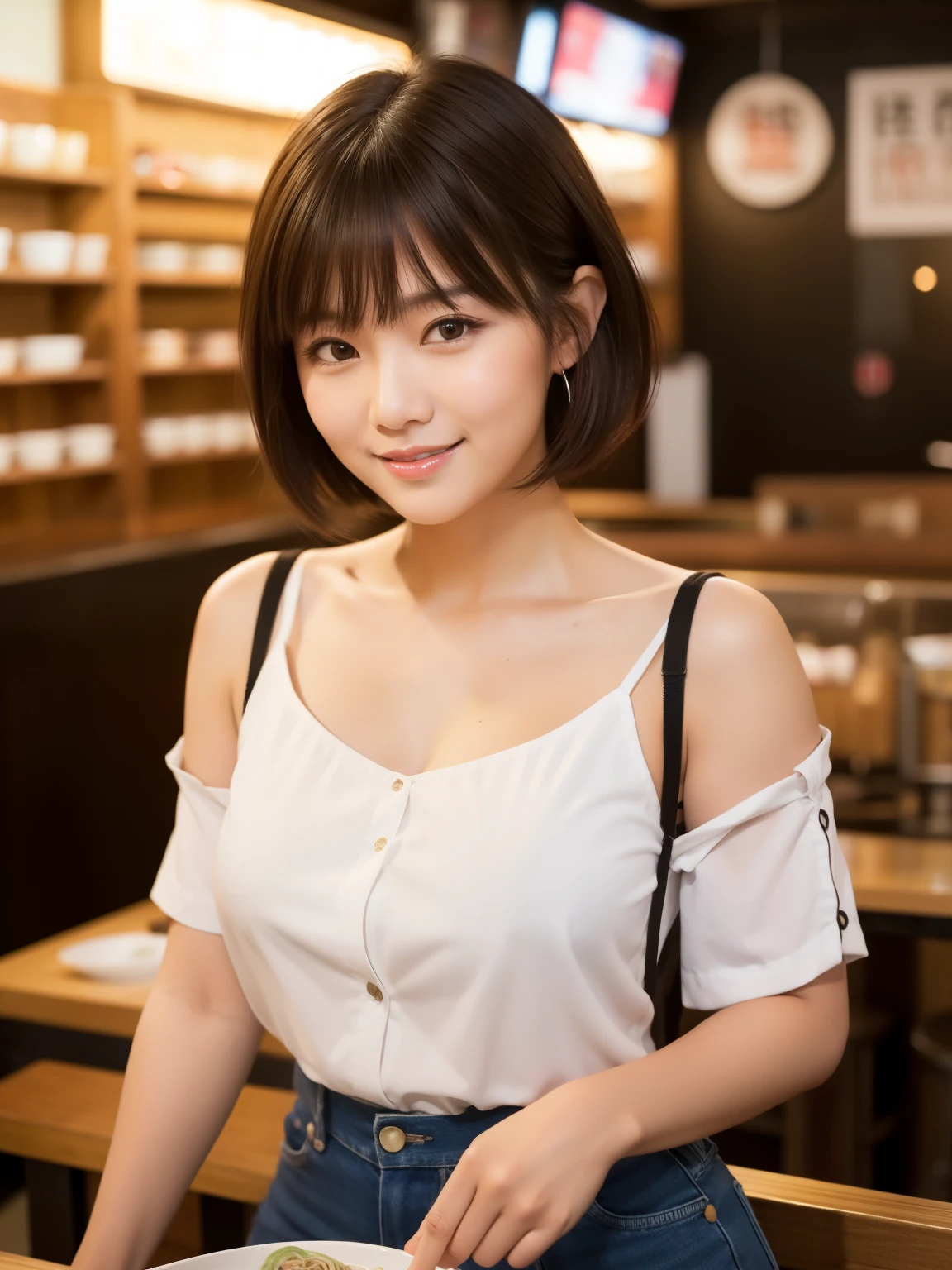Inside a ramen shop on a dimly lit night, There is ramen on the table, Ramen in front of the woman, Be sure to show the ramen, masterpiece, highest quality, reality, High level image quality, super detailed, Surfer-style tanned brown skin tone, delicate features、short hair、30 year old married woman、plump body、sexy smile、messy hair, asymmetrical bangs, A stylish white open-necked shirt, Realistic background and accessories, wide shot, wide angle, Very beautiful face, Depth of the bounds written, Sharpen your images,Foreign-like face,