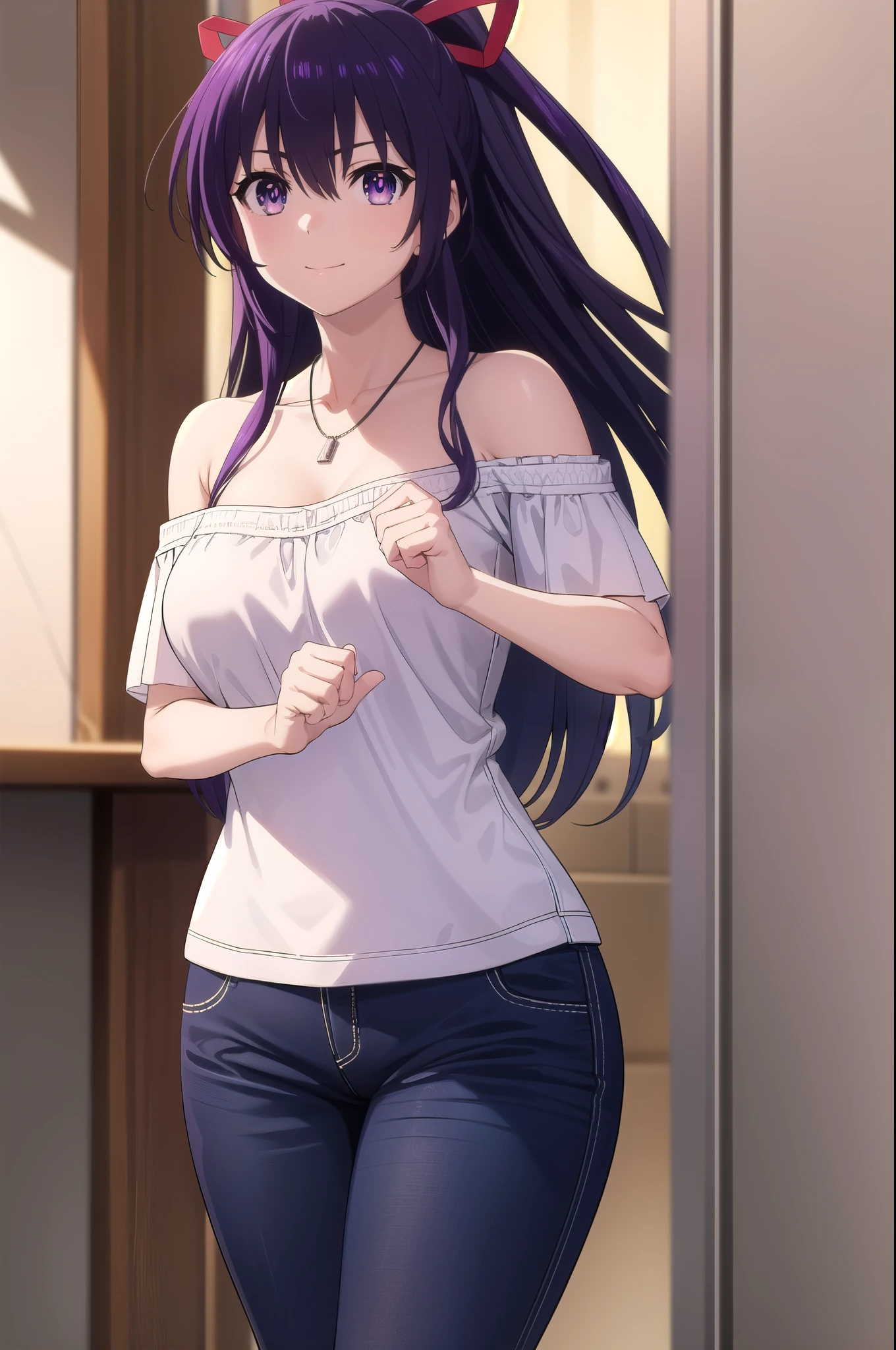 tohkayatogami, tohka yatogami casual, long hair, purple hair, alluringly smile, classy red off shoulder blouses, red blouse, plain red, knit fabric ,wide v neck, cold shoulder, off shoulders, short sleeve , necklace, ribbon , leggings, white leggings, tight pants (purple eyes:1.1), hair ribbon, ponytail, purple hair, white ribbon,g cup breasts, plump butt, at home, in living room, seducing pose
BREAK ,
BREAK outdoors, city, people, crowd, sky, clouds, sun, blue sky,
BREAK looking at viewer, (cowboy shot:1.5),
BREAK (masterpiece:1.2), best quality, high resolution, unity 8k wallpaper, (illustration:0.8), (beautiful detailed eyes:1.6), extremely detailed face, perfect lighting, extremely detailed CG, (perfect hands, perfect anatomy),