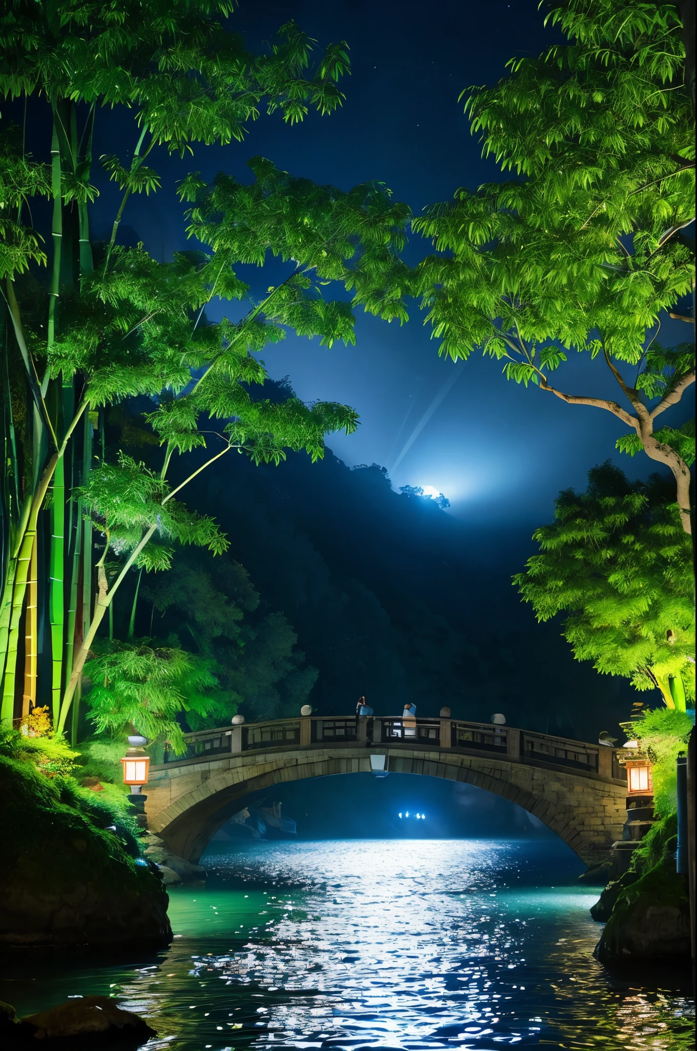 master piece,best quality person,chinese martial arts style,Night view of Asia,Really,Artistic Concept,、 simple,Night view of Asian pond with lots of lights and boats underwater,lake surface,lotus,beautiful night view,(( (chinese martial arts style))), The sky is wide, Even the cliffs of the mountains, ink wash style, contour light, atmospheric atmosphere, Depth of the bounds written, fog gathers, bamboo, pines, Flying Waterfall。