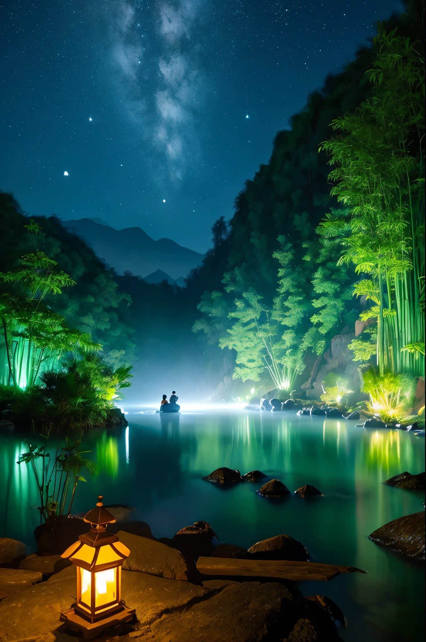 master piece,best quality person,chinese martial arts style,Night view of Asia,Really,Artistic Concept,、 simple,Night view of Asian pond with lots of lights and boats underwater,lake surface,lotus,beautiful night view,(( (chinese martial arts style))), The sky is wide, Even the cliffs of the mountains, ink wash style, contour light, atmospheric atmosphere, Depth of the bounds written, fog gathers, bamboo, pines, Flying Waterfall。