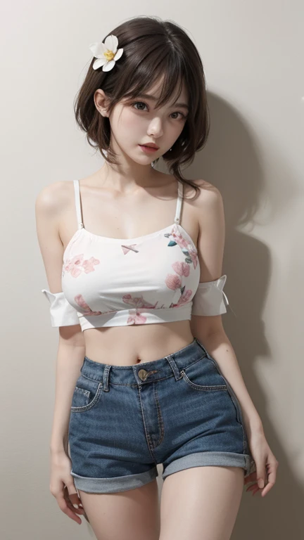 8K, highest quality, muste piece:1.2), (realistic:1.4), Raw photo, highest quality, Super high resolution　Beautiful woman　beautiful 　　huge breathin eyebrows　on the bed　(huge breasts:1.2er hair　silver blond　gray hair　 Pink clothes that make your body line look beautiful　See-through off-shoulder knit　Japanese　Sexy　2 limbs　Closeth eyes　open your legs　see-through mini skirts　See-through shorts　Sleeping on your side　Sleeping face down　Sleeping on your back　alone　back short　emphasis on the buttocks