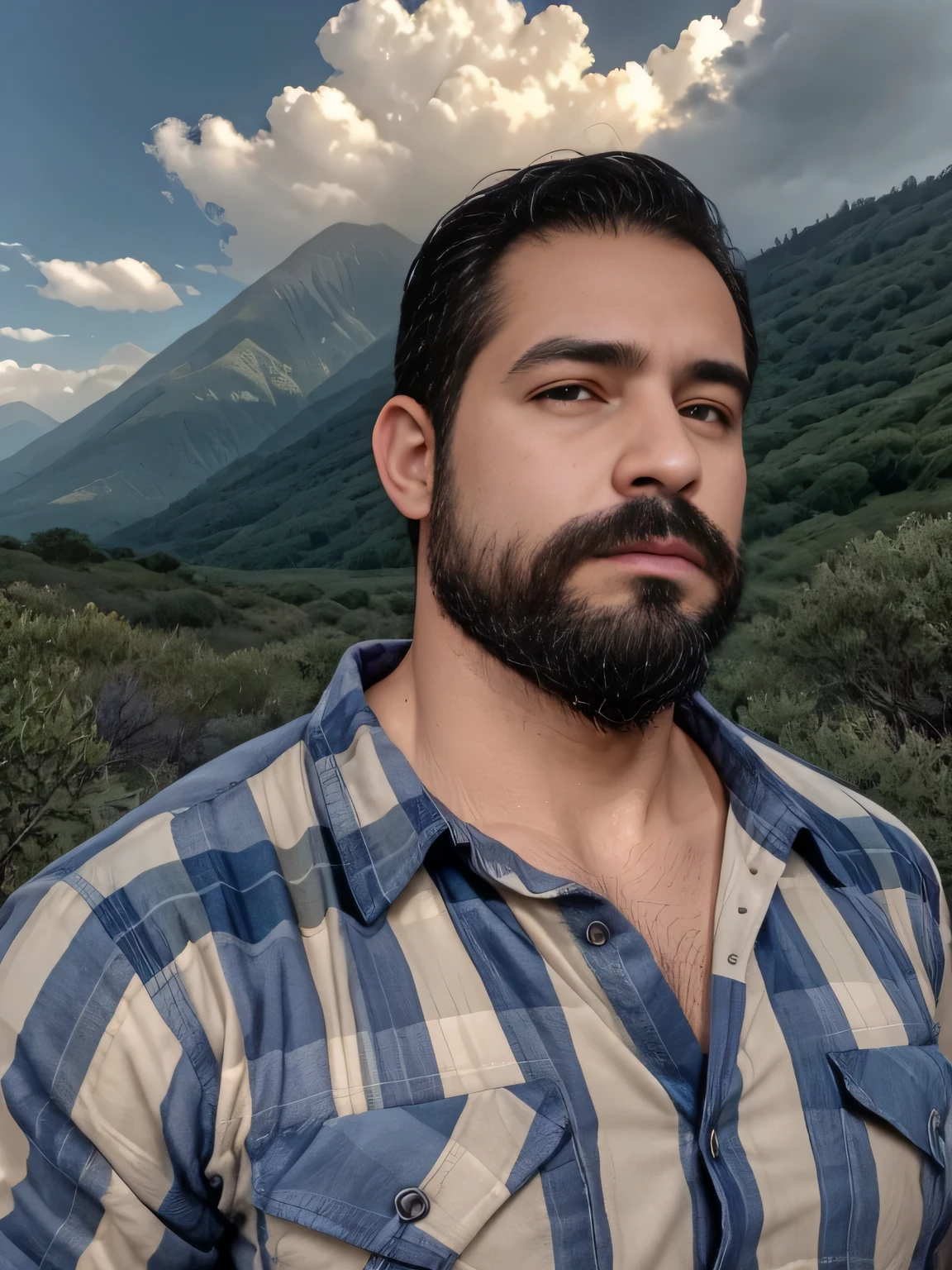 obra maestra, Mejor calidad, high resolution, Retrato de primer plano, (1 chico:1.4) A man in a lumberjack suit, muscular, (con camisa: 1.2) enfoque masculino, enfocarse solo, piel bronceada, 38-year old man, muscular, fuerte, peludo, Masculino, (descamisado: 1.2), In the background a mountain, in a city with a lot of traffic and pollution, amazing composition, Vista frontal, HDR, volumetric lighting, (plano general, desde el frente:1.2) (GS-Macho :1.5) (magnificent landscape:1.2)