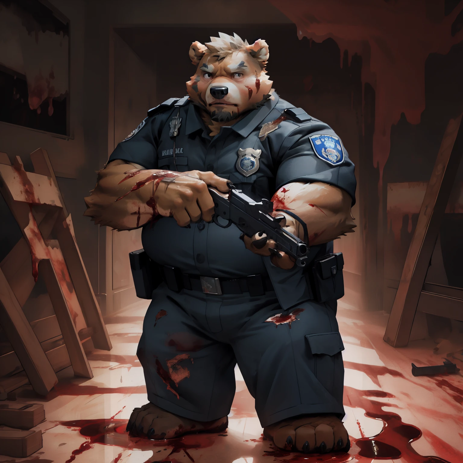 New Jersey 5 Hairy, Bear，Full body portrait of an individual, male,exquisite， chubby，thick arms，plush fur，front，stand，Full police uniform，，Armed with a firearm，Blood，fragments，铁Blood