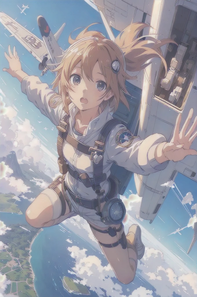 Anime girl flying in the sky with an airplane in the background, clean detailed anime art, cute Pilot Girl, beautiful anime artwork, High quality anime art style, Cute girl anime visual, 4k manga wallpaper, Pilot Girl, makoto shinkai ( apex legend ), Makoto Shinkai and Artgerm, detailed anime character art, flying anime esper, Kushat