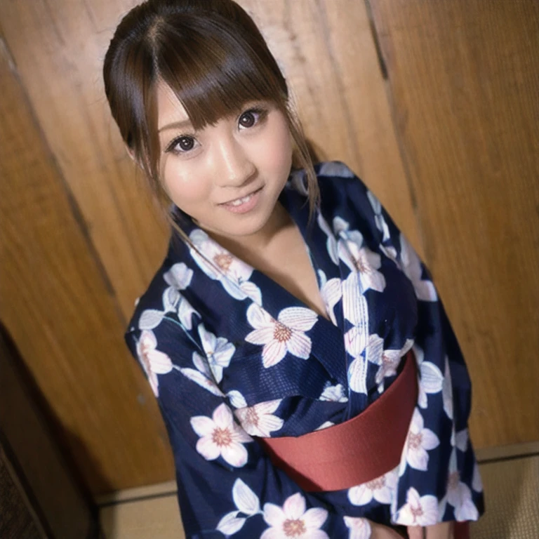 (masterpiece, highest quality:1.2), 1 girl, alone, highest quality, one girl, (beautiful girl:1.3), (18-year-old:1.3), very fine resolution, (symmetrical eyes:1.3), (yukata, floral pattern yukata:1.2), beautiful breasts, brown eyes, parted bangs, brown hair