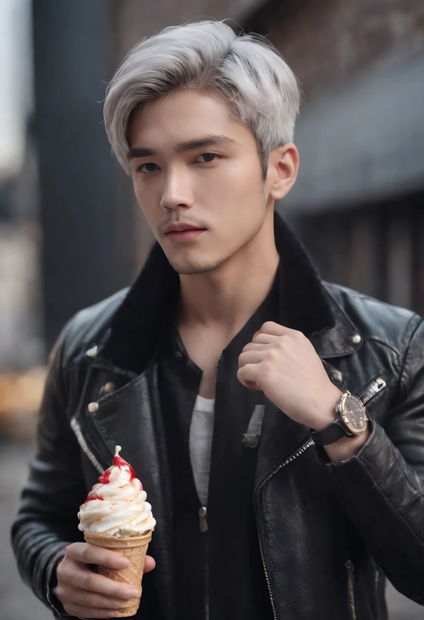 Handsome young man in a leather jacket, Wearing a cap, With silver hair, holding ice cream, Silver messy hair, Handsome, y and masculine beauty, some beards, Repair cars with very cool poses, Super Detailed Face, (8K, Raw photo, Photorealistic:1.25) ,( lipgloss, Eyelashes, man, gloss-face, Glossy skin, Dark skin, Darksob, Man's, Best Quality, 超A high resolution, A young man, depth of fields, chromatic abberation, Caustics, Broad lighting, Natural Shading, Kpop Idol) Watch viewers with calm and godlike happiness,