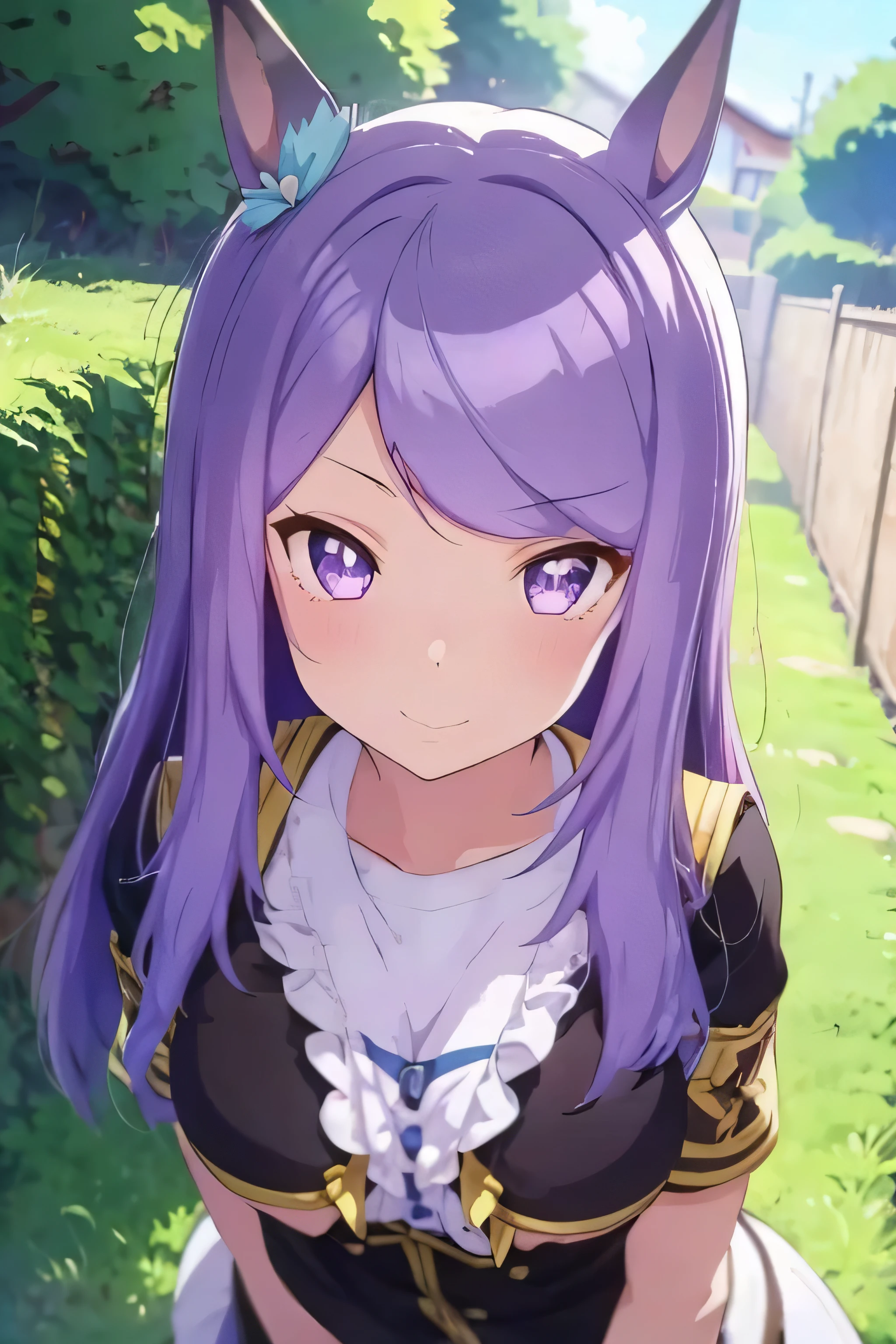 anime style illustration, highest quality, girl 1, solo, close up of face, A walk, looking at the camera, garden, smile, field, young girl, purple hair, long hair, horse ears, shame, shyness, dye one&#39;s cheeks, Slim body, thighs