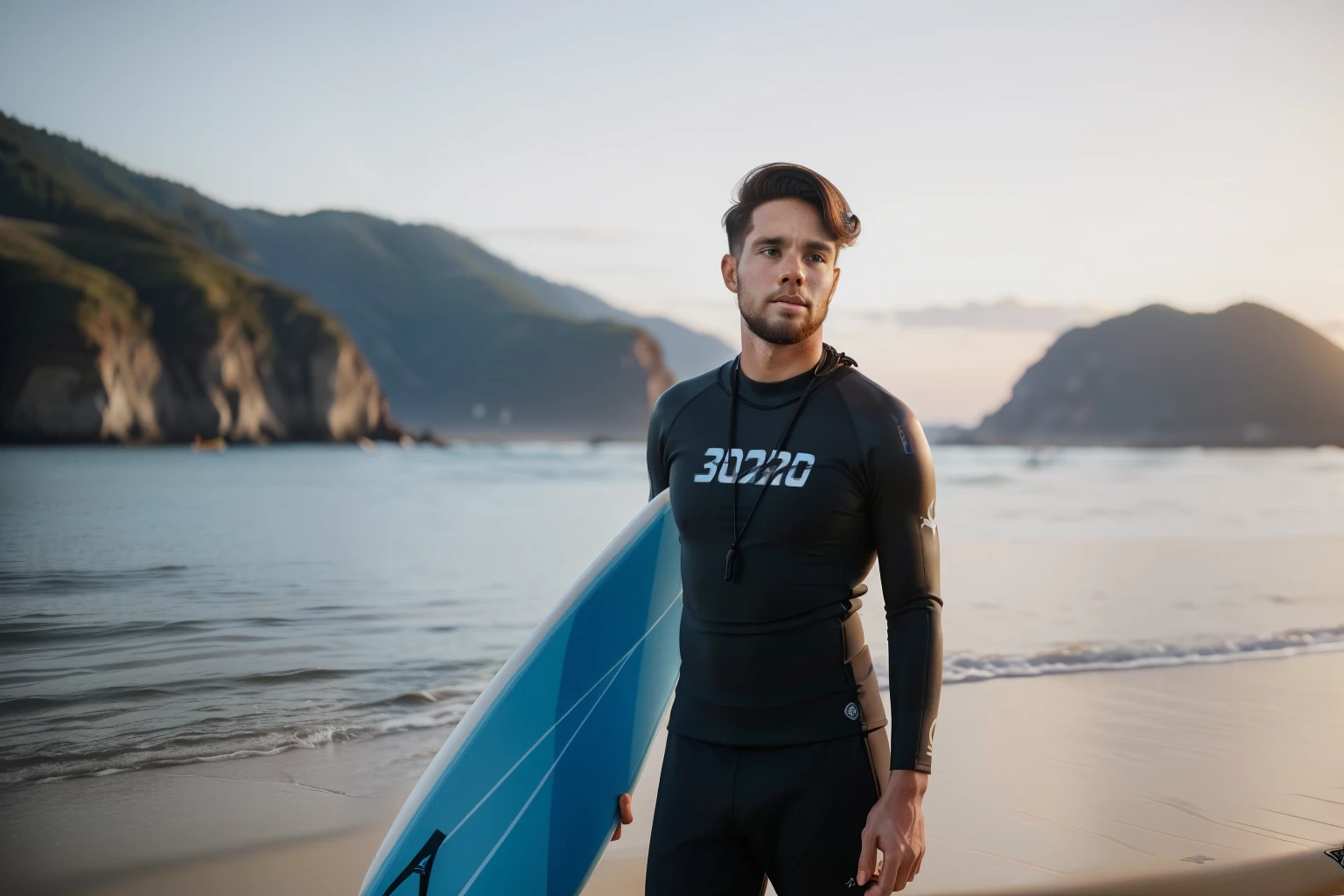 Sowell Bay, Washington, 2023. A young ((((30-year-old)) Cameron Cassmore)), sitting on a paddlesurf board, ((frustrated expression)), ((((surf clothings from the 2020s)))), ((hairstyle of the 2020s))