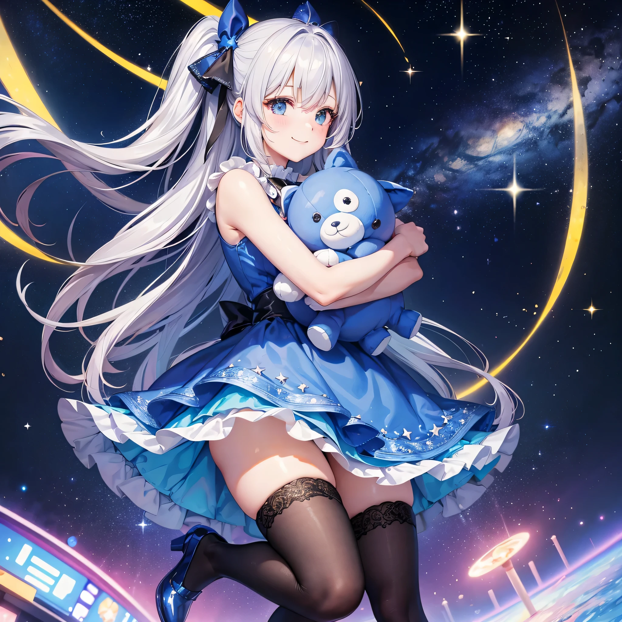 A girl hugging a stuffed animal at a space amusement park:.A space amusement park decorated with colorful lights and stars, A young girl holds a large stuffed animal in her arms. She wears a dreamy blue dress decorated with star-shaped lace and ribbons。. The black tights are decorated with a shiny floral pattern., And on her feet are shoes with silver glitter.. The girl is smiling shyly, And behind her is an infinite universe, Stars are twinkling around her. A scene capturing a fantastic moment where dreams and reality intersect