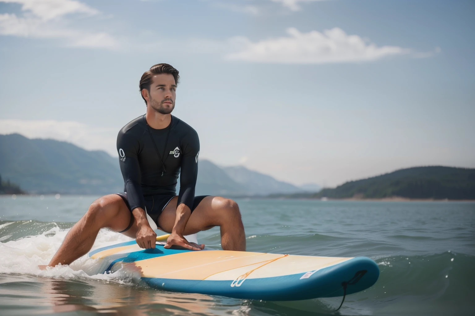 Sowell Bay, Washington, 2023. A young ((((30-year-old)) Cameron Cassmore)), sitting on a paddlesurf board, ((frustrated expression)), ((((surf clothings from the 2020s)))), ((hairstyle of the 2020s))