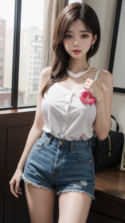 Single strap shirt thin flower pattern , Short pants , big breast , long hair