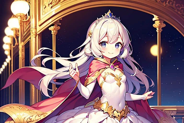 (kawaii),(best quality),(ultra detailed), upper body,(rococo style),(long train pastel pink cape:1.15), very long cape,(long train white ball gown with flower decorations), a girl is wearing a cape over her gown, 1 little princess, tiara, smile, small breasts, very long hair