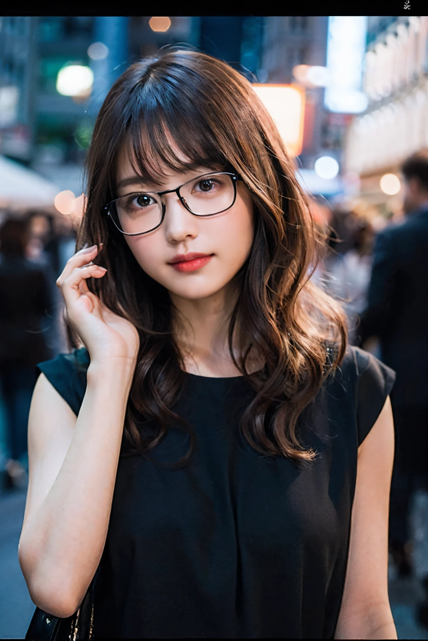 (8K、Raw photography、top-quality、masterpiece:1.2)、(realisitic、Photorealsitic:1.37)、ultra-detailliert、超A high resolution、1 girl、see the beholder、beautifull detailed face、A smile、Constriction、(Slim waist) :1.3)、Autumn clothes、Beautiful detailed skin、Skin Texture、Floating hair、((Curly hair))、Professional Lighting、In the city at night、((Black square glasses ))、Whole human body、Brown hair