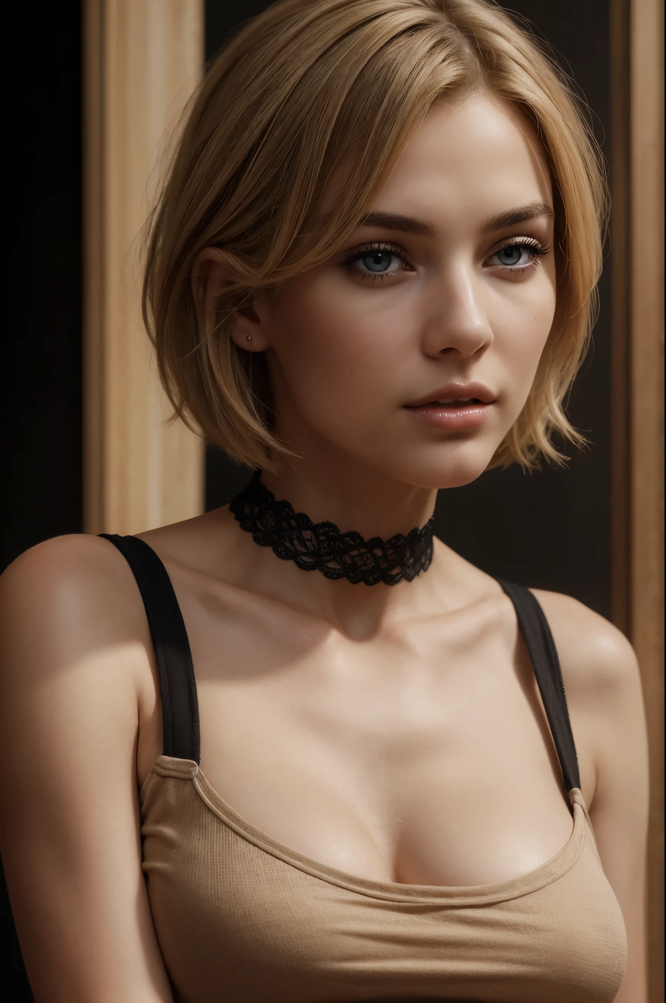 masterpiece, best quality, extremely detailed, hyperrealistic, photorealistic, a beautiful 20s french model, black background, beige t-shirt:1.2, ultra detailed face, short hair, blonde hair, pale skin, busty breasts, serene