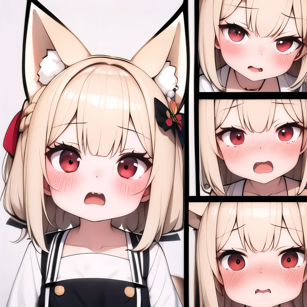 (masterpiece, best quality:1.2), Emoticon packages,red eyes，white hair，fox ears，pitiful，blush，looking down,multiple views