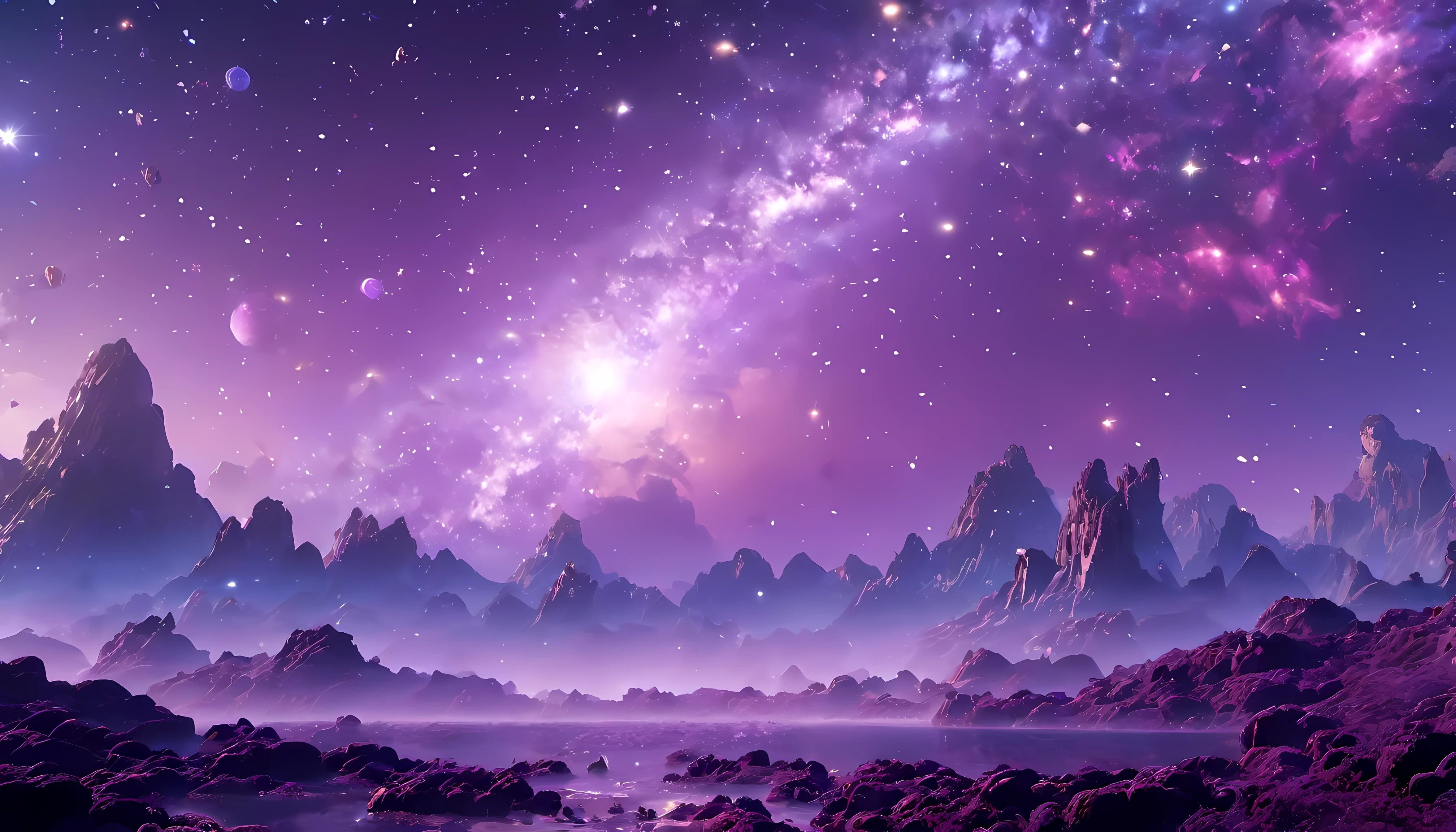 {{obra maestra}}、mejor calidad、fondo de pantalla CG unidad 8k extremadamente detallado、cinematography lighting、destello de lente、detalle、purpura、Particles、Star、galaxy、nebulosas moradas、landscape、hermoso、gamma morados