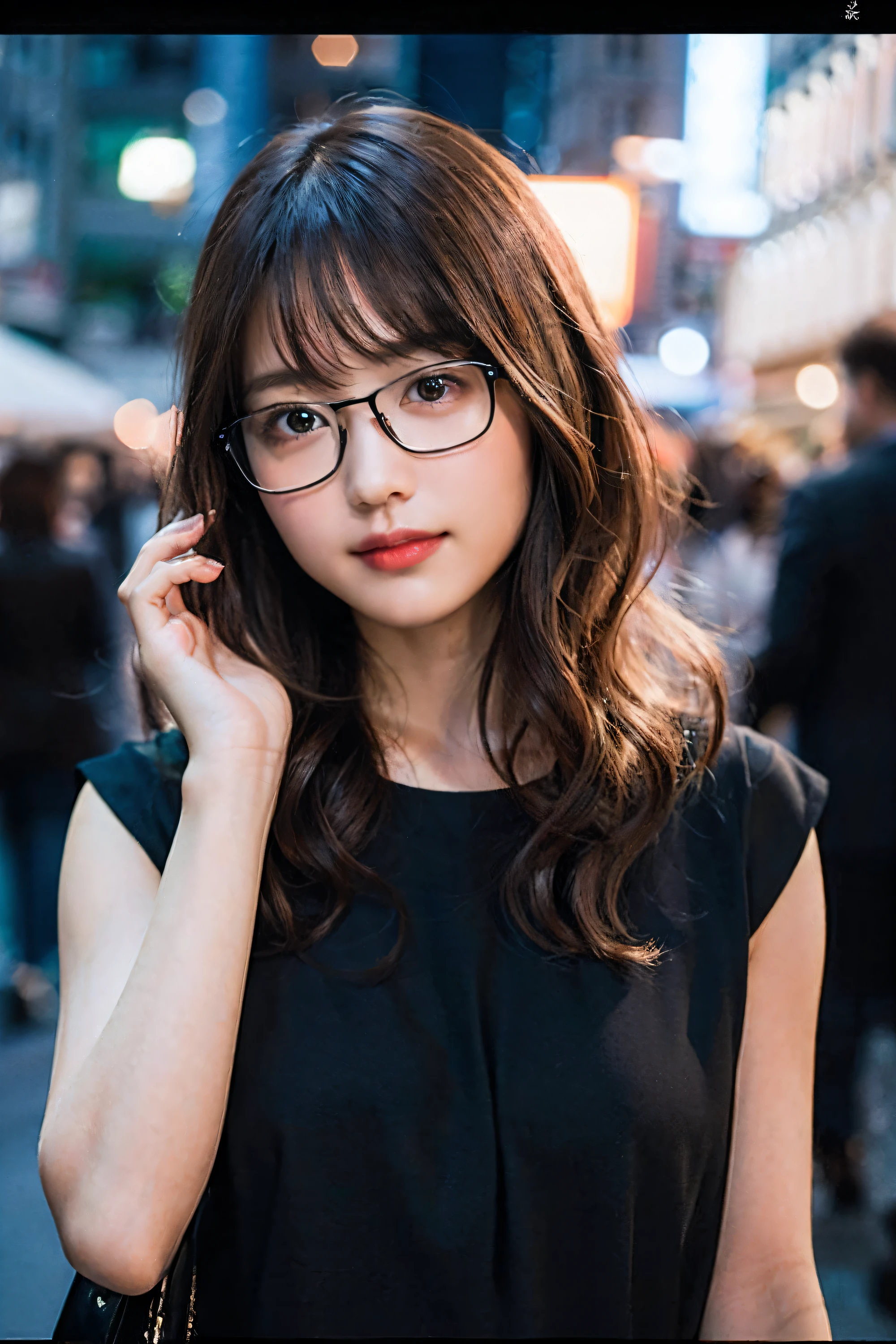 (8K、Raw photography、top-quality、masterpiece:1.2)、(realisitic、Photorealsitic:1.37)、ultra-detailliert、超A high resolution、1 girl、see the beholder、beautifull detailed face、A smile、Constriction、(Slim waist) :1.3)、Autumn clothes、Beautiful detailed skin、Skin Texture、Floating hair、((Curly hair))、Professional Lighting、In the city at night、((Black square glasses ))、Whole human body、Brown hair