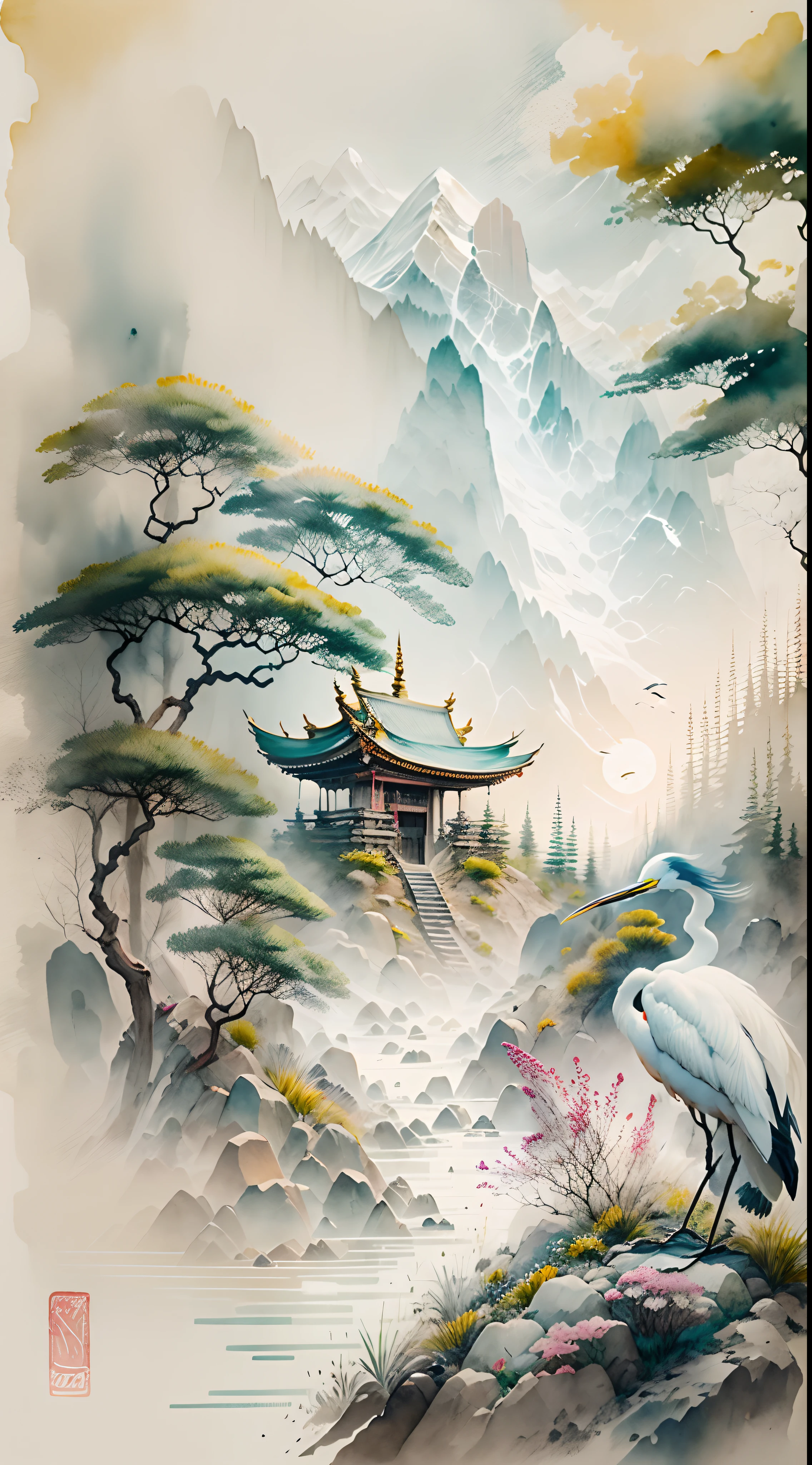 encre and watercolor painting，Eau，encre，Himalaya，la couverture de neige，(soleils)，soft, natural light，Artistiquement，Temple de pierre，pins，Brouillard nuageux，(aigrette)