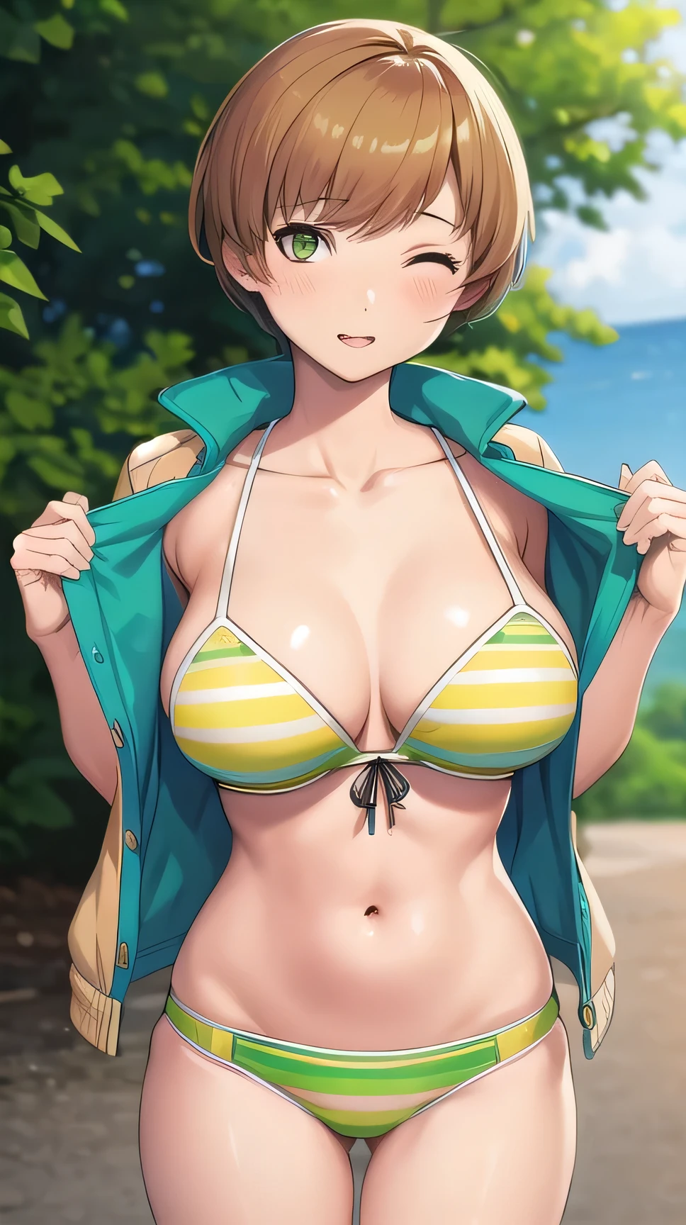 The breasts are very large.,Bust size z cup,wear a jacket,Masterpiece, best quality, green bikini,under chest, Satonaka Chie, outdoor, blow, Close one eye,