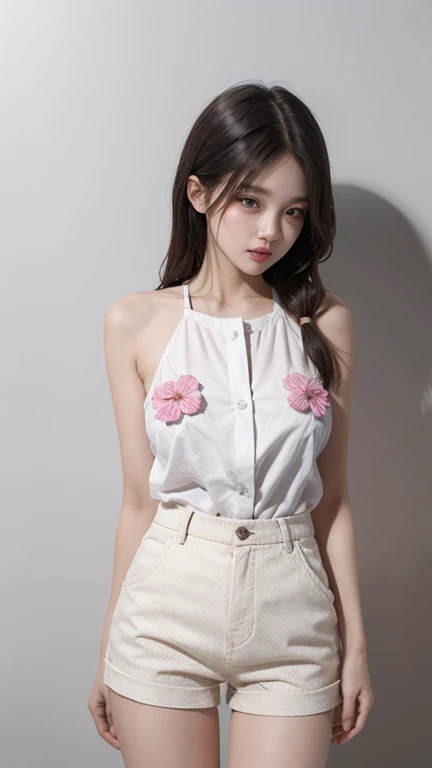 Single strap shirt thin flower pattern , Short pants , big breast , long hair