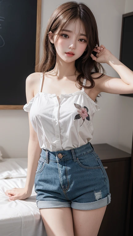 Single strap shirt thin flower pattern , Short pants , big breast , long hair