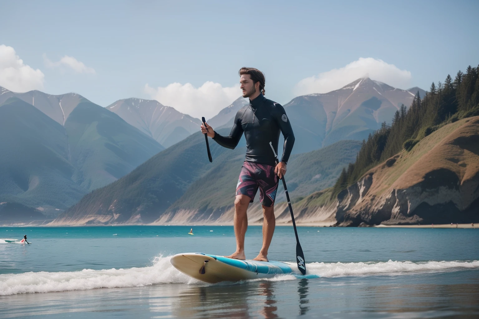Sowell Bay, Washington, 2023. A young ((((30-year-old)) Cameron Cassmore)), on a paddlesurf board, ((frustrated expression)), ((((surf clothings from the 2020s)))), ((hairstyle of the 2020s))