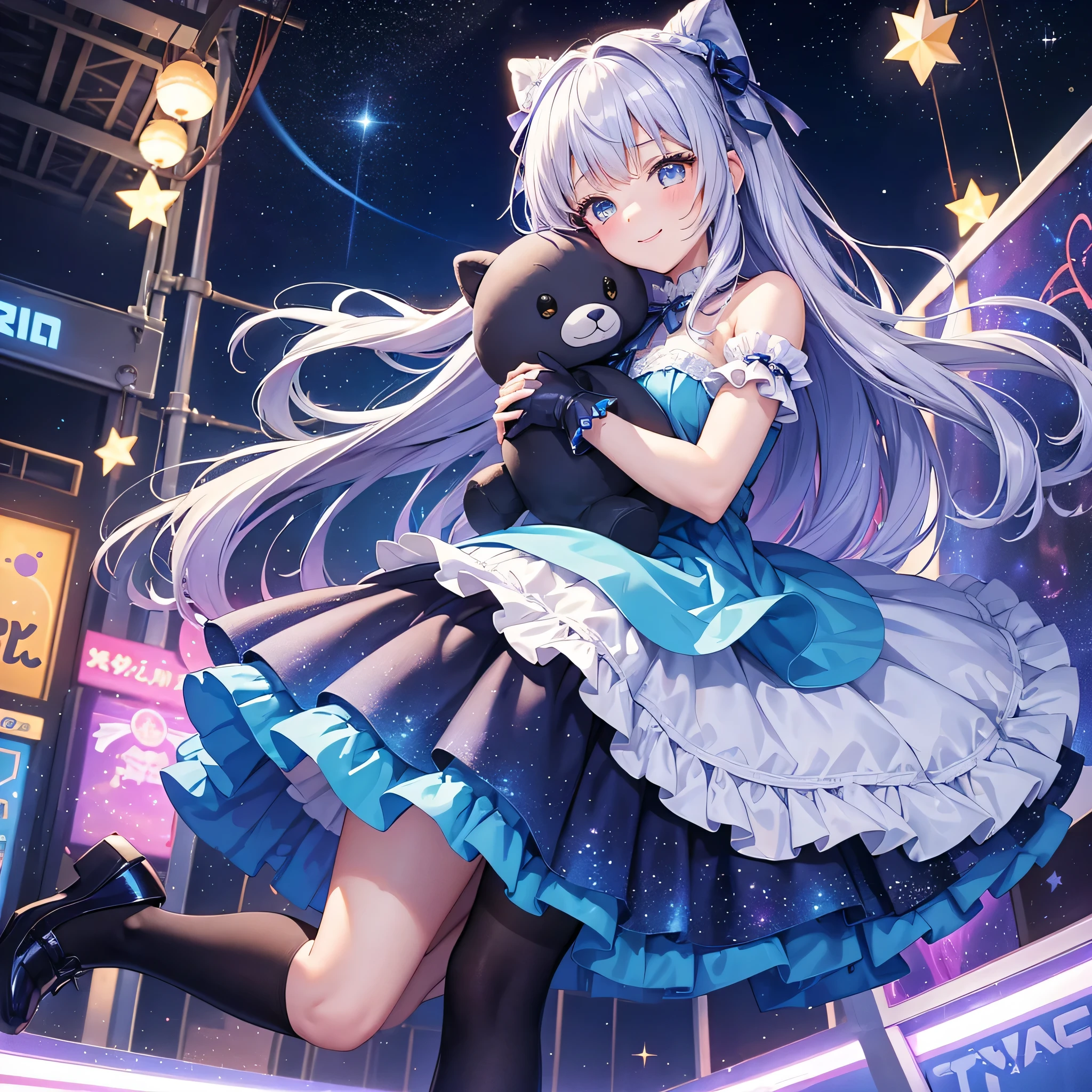 A girl hugging a stuffed animal at a space amusement park:.A space amusement park decorated with colorful lights and stars, An -yeld giholds a large stuffed toy in her arms. She wears a dreamy blue dress decorated with star-shaped lace and ribbons。. The black tights are decorated with a shiny floral pattern., And on her feet are shoes with silver glitter.. The girl is smiling shyly, And behind her is an infinite universe, Stars are twinkling around her. A scene capturing a fantastic moment where dreams and reality intersect