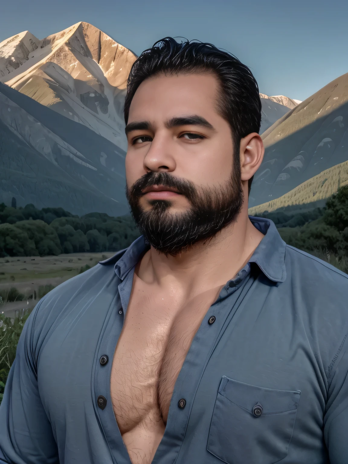 obra maestra, Mejor calidad, high resolution, Retrato de primer plano, (1 chico:1.4) A man in a lumberjack suit, muscular, (con camisa: 1.2) enfoque masculino, enfocarse solo, piel bronceada, 18 year old man, muscular, fuerte, peludo, Masculino, (descamisado: 1.2), In the background a mountain, in a city with a lot of traffic and pollution, amazing composition, Vista frontal, HDR, volumetric lighting, (plano general, desde el frente:1.2) (GS-Macho :1.5) (magnificent landscape:1.2)