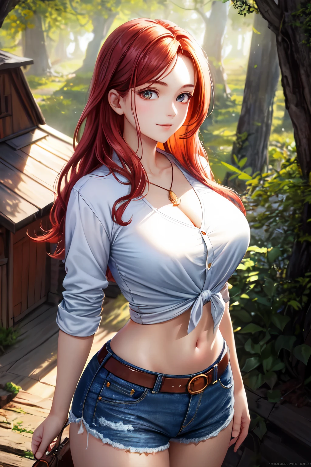 masterpiece, best quality, 1 woman, beautiful detailed features, long red hair with knots, wearing a plaid shirt tied at the waist, denim shorts hugging her narrow waist, navel peeking out from the shirt, standing in front of a barn, busty figure, radiant complexion, expression of serene happiness, facing the viewer, sun rays filtering through the trees, creating a golden glow around her, vivid colors, HDR, studio lighting, ultra-fine painting, sharp focus, physically-based rendering, extreme detail description, outdoor scene.