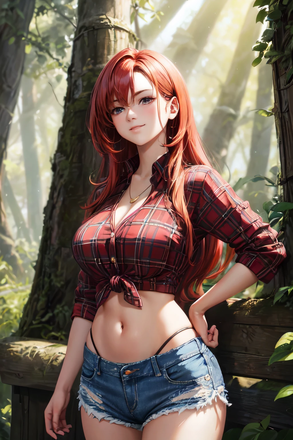 masterpiece, best quality, 1 woman, beautiful detailed features, long red hair with knots, wearing a plaid shirt tied at the waist, denim shorts hugging her narrow waist, navel peeking out from the shirt, standing in front of a barn, busty figure, radiant complexion, expression of serene happiness, facing the viewer, sun rays filtering through the trees, creating a golden glow around her, vivid colors, HDR, studio lighting, ultra-fine painting, sharp focus, physically-based rendering, extreme detail description, outdoor scene.