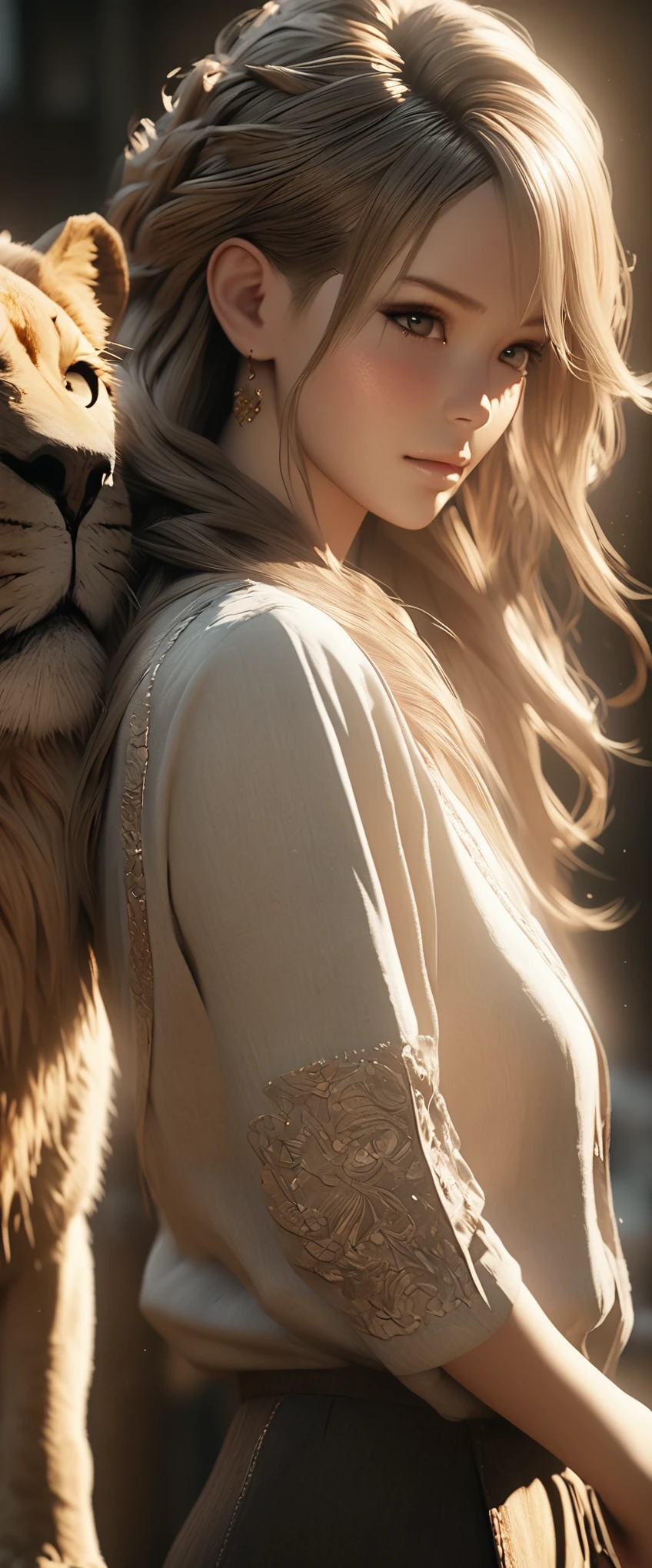 Super detailed beautiful girl, With the fierce lioness, cinematic, cinematic Light, actual, 3D rendering, Very detailed Face, Very detailed, actual Appearance, lifelike, actual Girl, Very detailed Hair