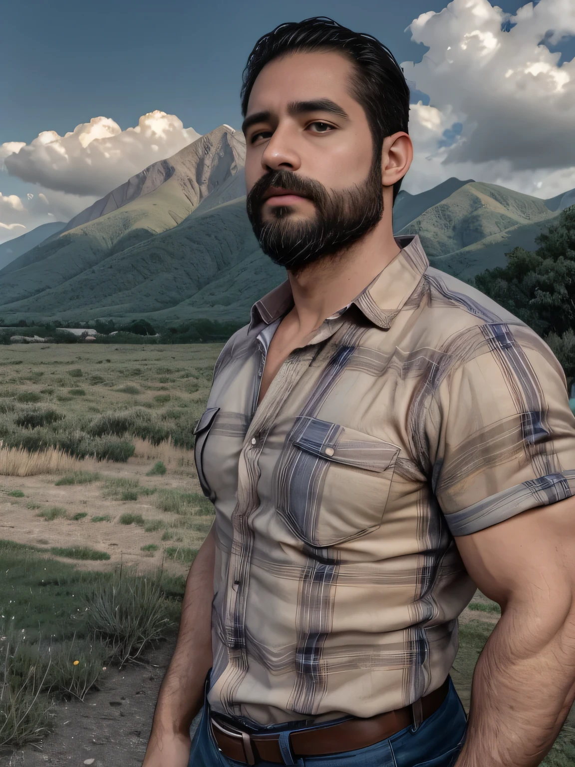 obra maestra, Mejor calidad, high resolution, Retrato de primer plano, (1 chico:1.4) A man in a lumberjack suit, muscular, (con camisa: 1.2) enfoque masculino, enfocarse solo, piel bronceada, 38-year old man,  muscular, fuerte, peludo, Masculino, (descamisado: 1.2), In the background a mountain, in a city with a lot of traffic and pollution, amazing composition, Vista frontal, HDR, volumetric lighting, (plano general, desde el frente:1.2) (GS-Macho :1.5) (magnificent landscape:1.2)