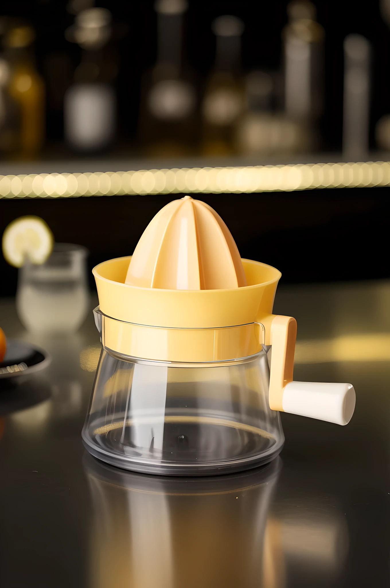 The photograph captures a vibrant yellow, plastic lemon juicer mounted on a flawless, highly glossy glass jug, set against the sleek, reflective surface of a dark countertop. The juicer's plastic exhibits a brilliant sheen, highlighting its smooth, unblemished surface that reflects the light, accentuating the strong luster and durable quality of the material. The jug below is impeccably clear, with its pristine, translucent glass free from any smudges or dirt, enhancing its glossy finish and contributing to the perception of high-grade material. The jug's transparency is so pure that it almost magnifies the juicer resting on it. In the blurred background, an array of containers suggests a culinary setting, likely a kitchen, with ambient light from above casting soft reflections on the countertop, creating a luxurious and contemporary atmosphere that underscores the utilitarian elegance and design appeal of the juicer set.