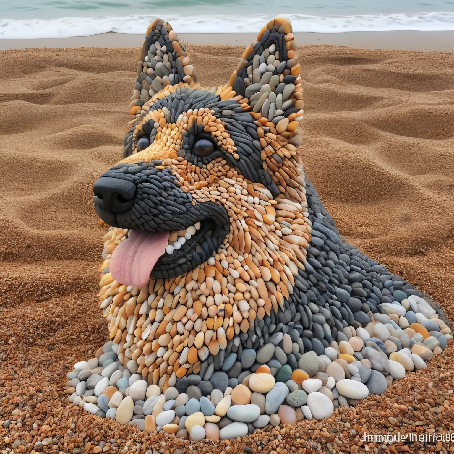 Alafiid dog made of pebbles on the beach，Smiling, realistic art, amazing art, incredible art, realistic artwork, stone art, Highly detailed 3D art, german shepherd, amazing artwork, Superb and complex artwork, beautiful dog head, realistic rock figurine, High Detail Art, Intricate masterpiece of art, Incredibly detailed art, amazing art, Highly detailed digital art