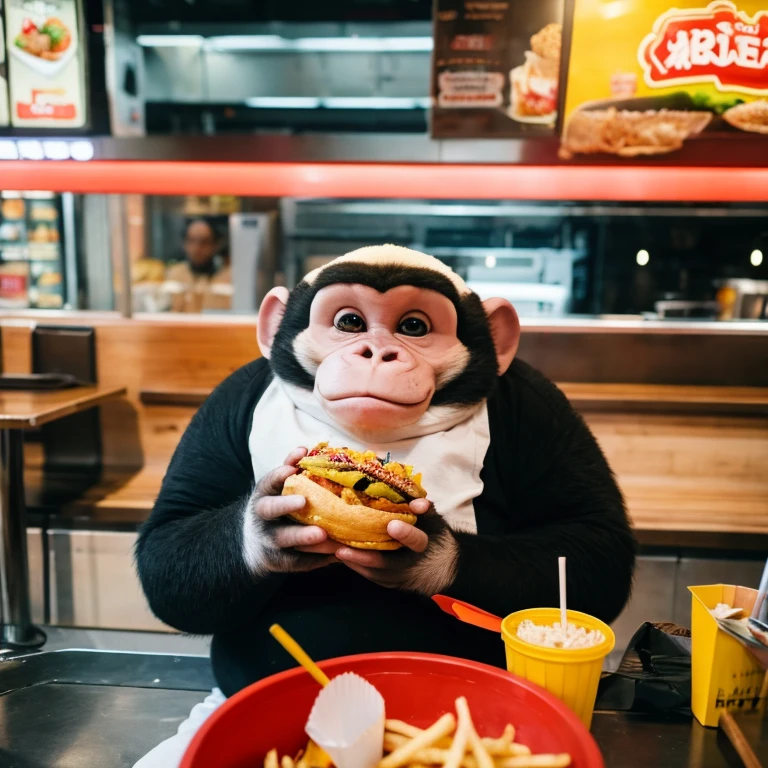Generate pictures of obese monkey eating fast food