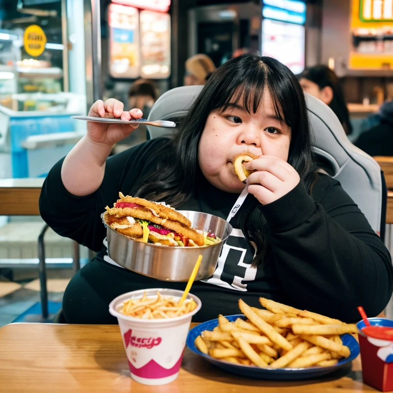 Generate pictures of obese monkey eating fast food 