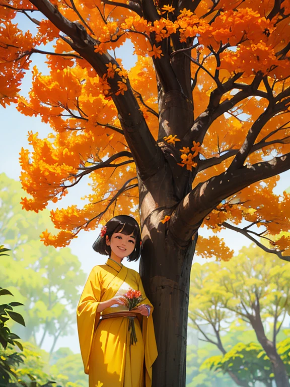 Under the big padauk tree (smaller yellow than the yellow side of the) (padauk flowers) are blooming. Under the tree (padauk flowers) the young Burmese woman is smiling beautifully.