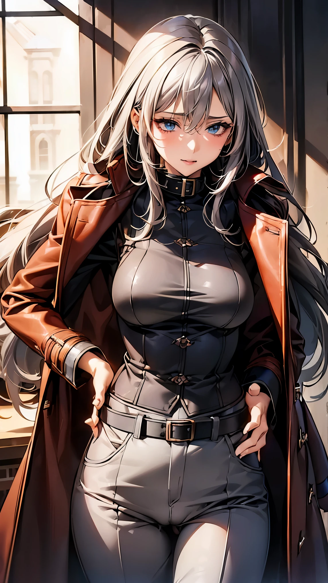 (mature woman1name), (gray hair, long hair:1.3), blue colored eyes, (medium breasts), (red leather long coat), belt, pants, office, masterpiece, high quality, ((masturbation:1.6, touch pussy))