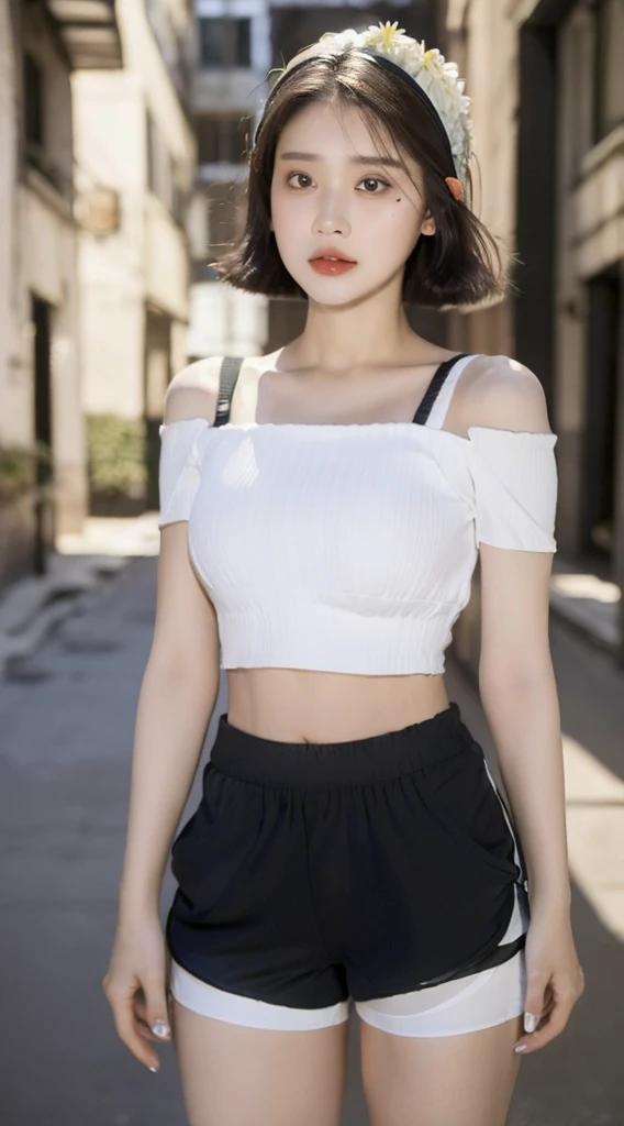 ((Best Quality, 8K, Masterpiece: 1.3)), (Flower Cap: 1.3), Focus: 1.2, Perfect Body Beauty: 1.4, Buttocks: 1.2, (Layered Haircut: 1.2)), (Dark Street: 1.3), Highly Detailed Face and Skin Texture, Full Body, Delicate Eyes, Double Eyelids, Whitened Skin, Long Hair, (Round Face: 1.5), (Loose Crop Top, Shorts: 1.6)