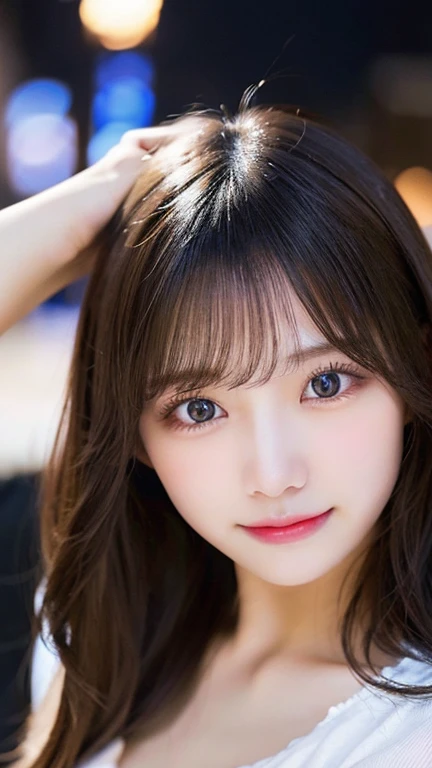 table top, highest quality, shape, Super detailed, finely, High resolution, 8k wallpaper, 完璧なダイナミックな構shape, beautiful and detailed eyes, winter dress,medium hair, small breasts, natural color lip, random sexy pose,smile,、20 year old girl、midnight、Beautiful and dense face、perfect and beautiful face,Big eyes、Raw photo、Spread your arms and legs wide、Express your best mood with your whole body、beautiful and detailed eyes、small face、beautiful duplex、slim face and style,blur the background