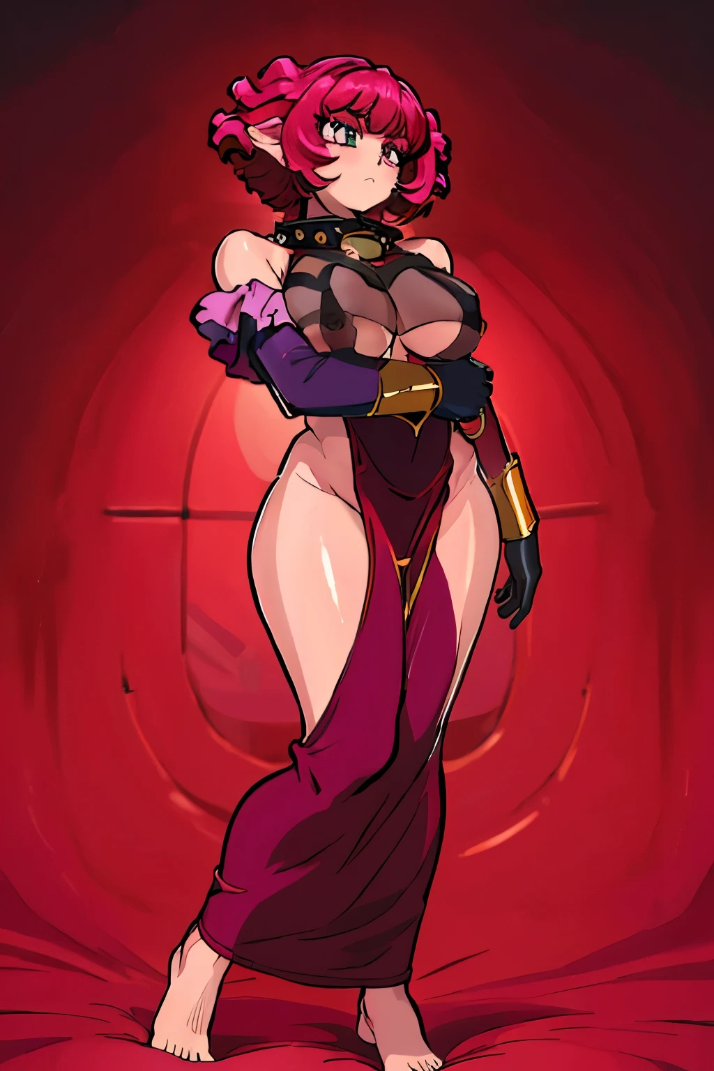 masterpiece, best quality, ultra-detailed, adult Cala 1girl, solo, black nightgown, elbow gloves, black gloves, curled horns, large exposed breasts, bracelet, collar, full body, surprised, worried, red hair, spiky hair, full body, looking at the viewer, female focus, red eyes