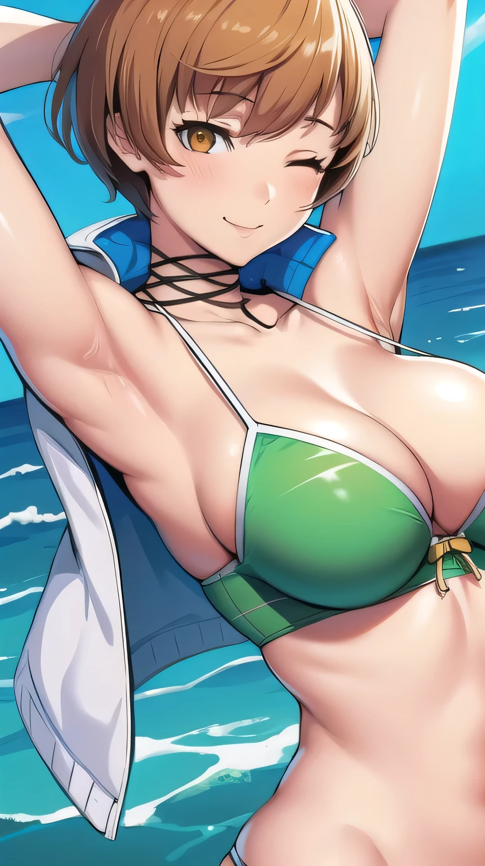 The breasts are very large.,Bust size z cup,wear a jacket,Masterpiece, best quality, green bikini,under chest, Satonaka Chie, outdoor, blow, Close one eye,photoshoot,sea background,show armpit,cute smile,underboobs,