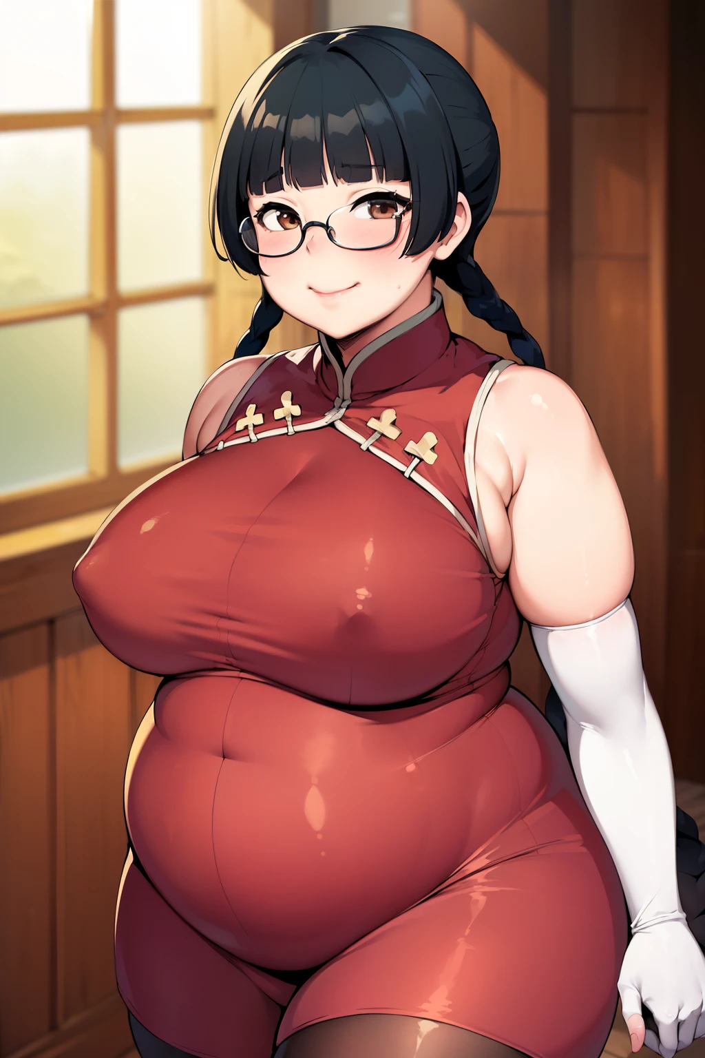 (masterpiece, best quality:1.2), cowboy shot, solo, 1girl, wang liu mei, smile, looking at viewer, twin braids, china dress, black pantyhose, ((double chin)), fat hips, (obesity:1.4), ((fat folds)), ((chubby, fat arms)), (fat rolls, wide belly:1.2), (elbow gloves:1.1) (((glasses:0.9))), ((tsundere)), beautiful, ((round eyewear:0.9))