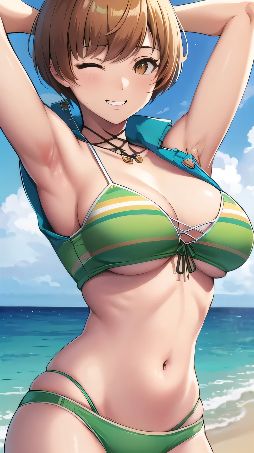 The breasts are very large.,Bust size z cup,wear a jacket,Masterpiece, best quality, green bikini,under chest, Satonaka Chie, outdoor, blow, Close one eye,photoshoot,sea background,show armpit,cute smile,underboobs,